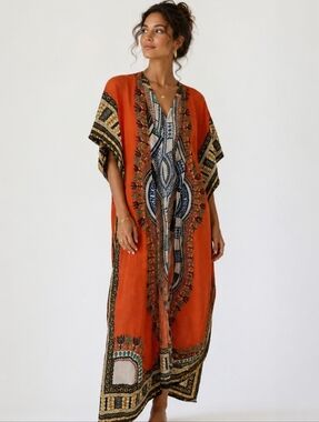 Orange Dashiki-Style Kaftan with Tribal Print